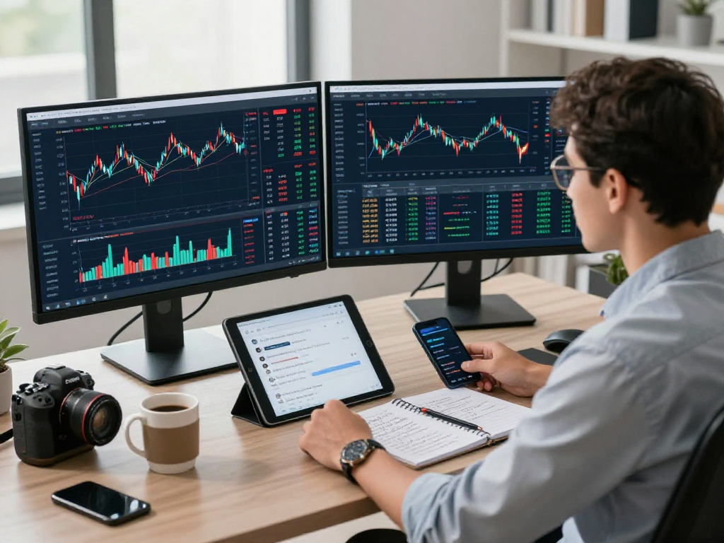 Engaging TradingView interface displayed on multiple monitors in a dynamic trading workspace.