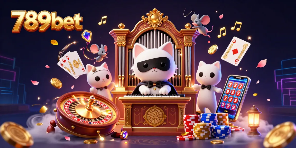 Win big with 789bet as a whimsical cat plays at the casino organ, amidst coins and cards.