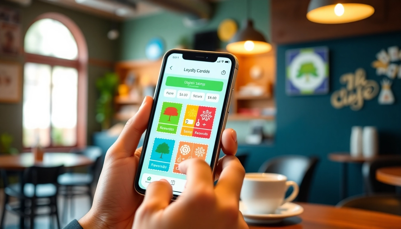 Engaging with stampezee digital loyalty rewards app in a vibrant café setting.