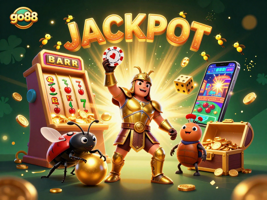 Experience go88's vibrant casino scene with a victorious beetle and jackpot excitement.