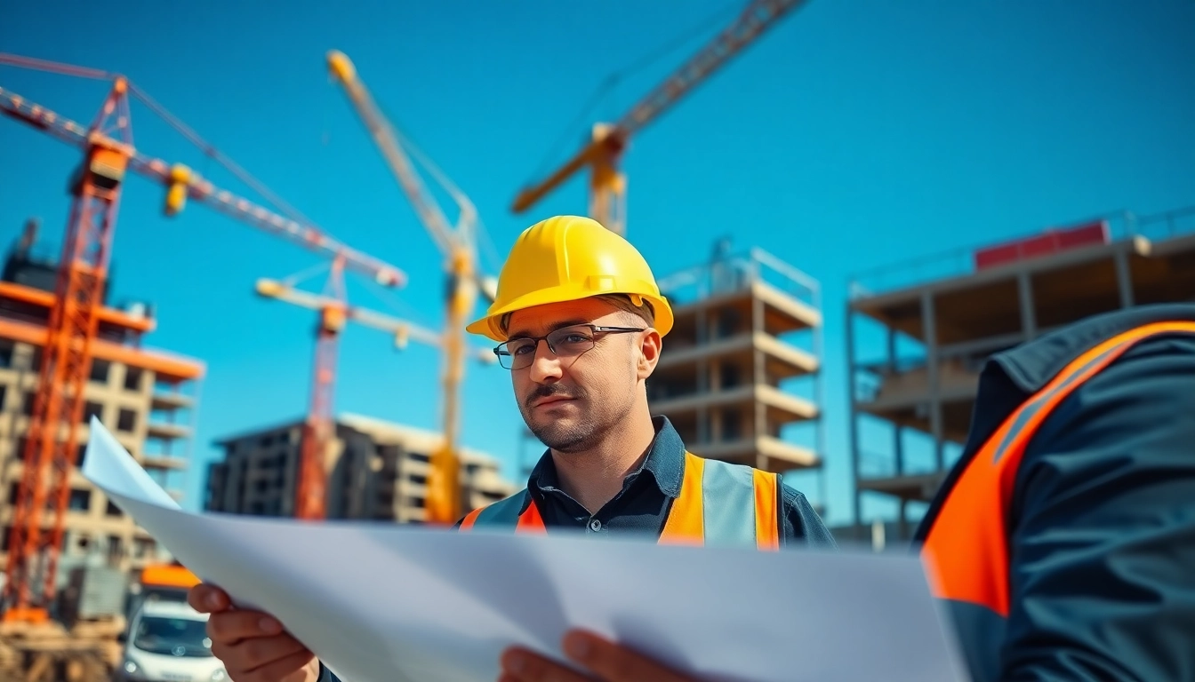 Focused New Jersey Construction Manager reviewing blueprints on a construction site surrounded by workers.