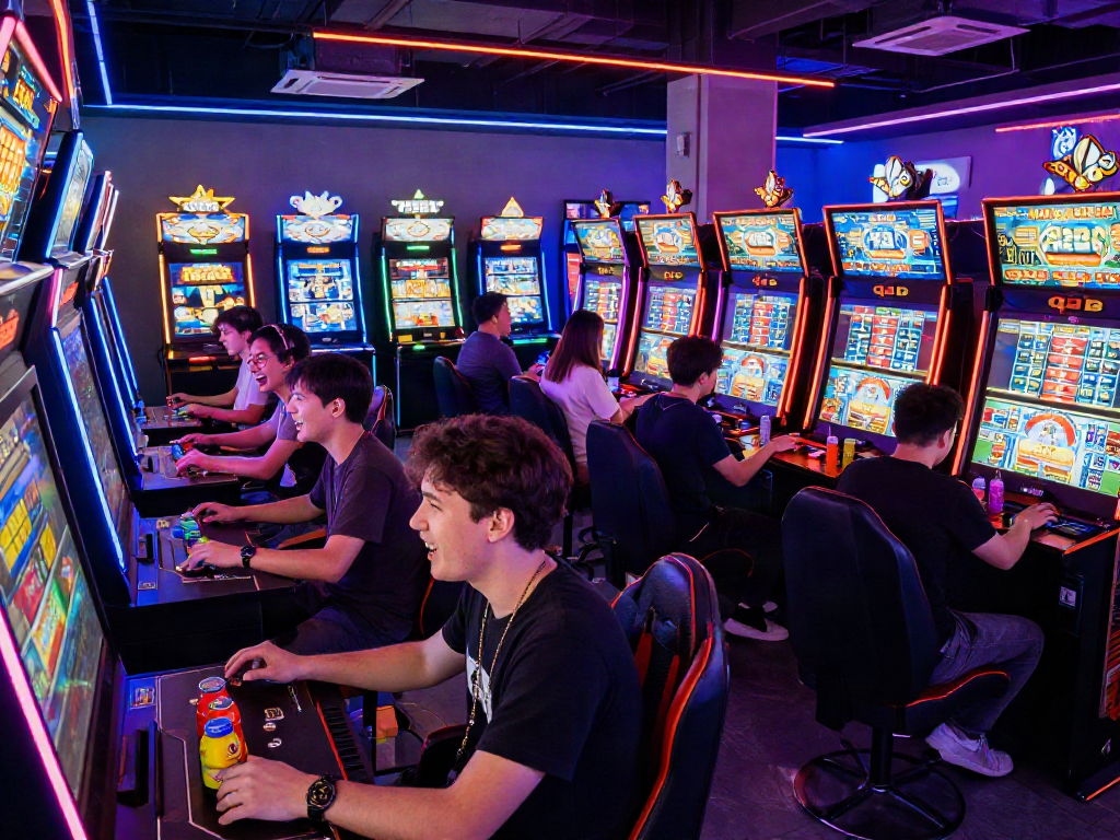 Excited gamers enjoying slot qris machines in a lively arcade.