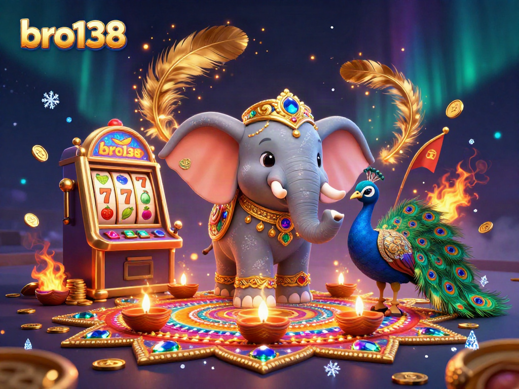 Spin to win with bro138 in vibrant 3D casino illustration featuring a joyful elephant and peacock!