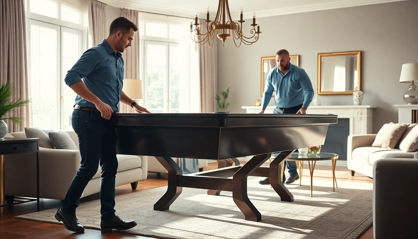 Pool table mover skillfully handling a heavy pool table in a beautifully arranged living room.