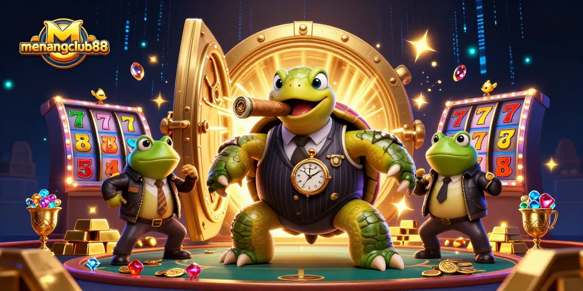 Experience the thrill of menangclub88 with a lively casino illustration featuring a turtle mobster and gold treasures.