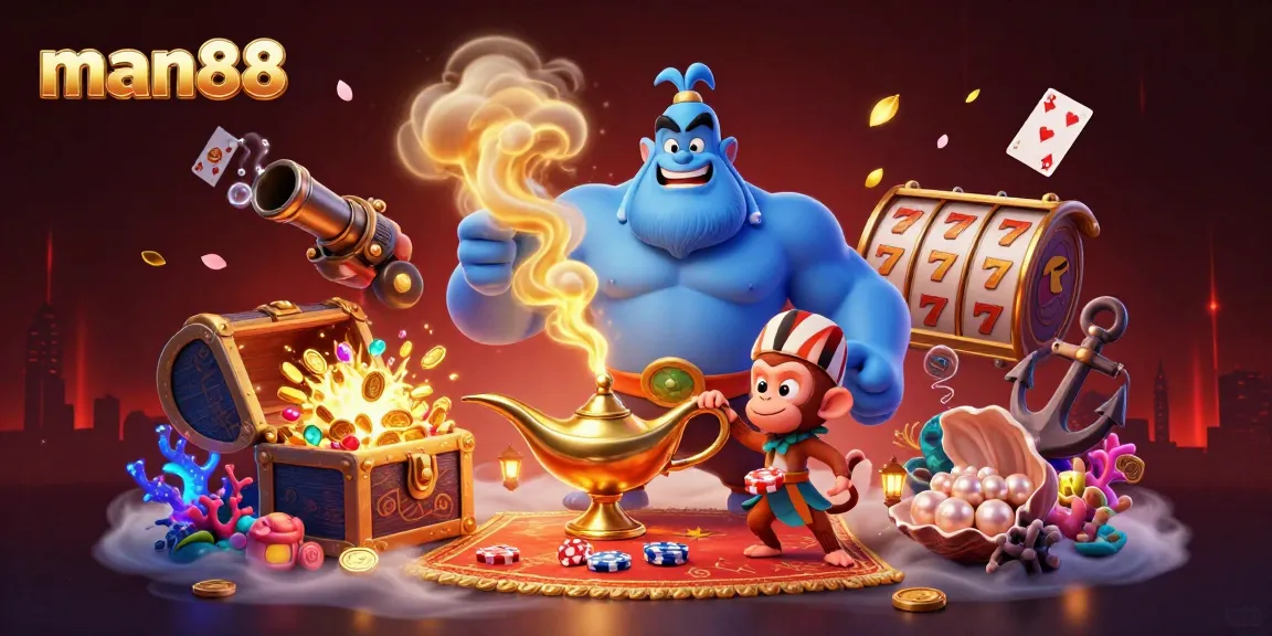 Experience thrilling action at man88 with a vibrant casino scene featuring a genie, monkey, and poker chips.