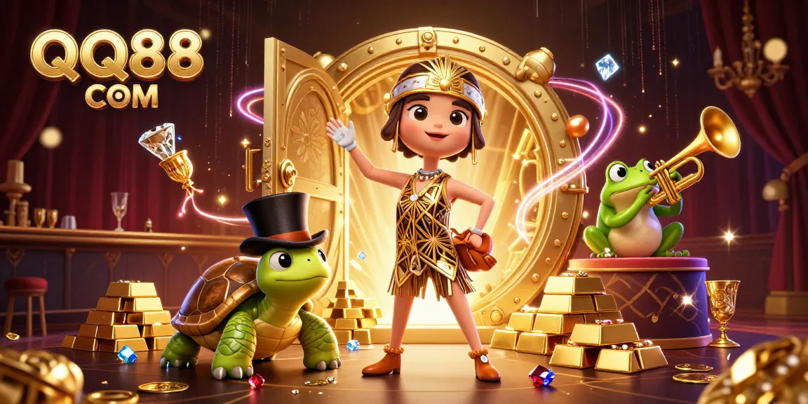 Engage with QQ88 COM in a vibrant 3D casino scene filled with treasures and exciting gaming elements.