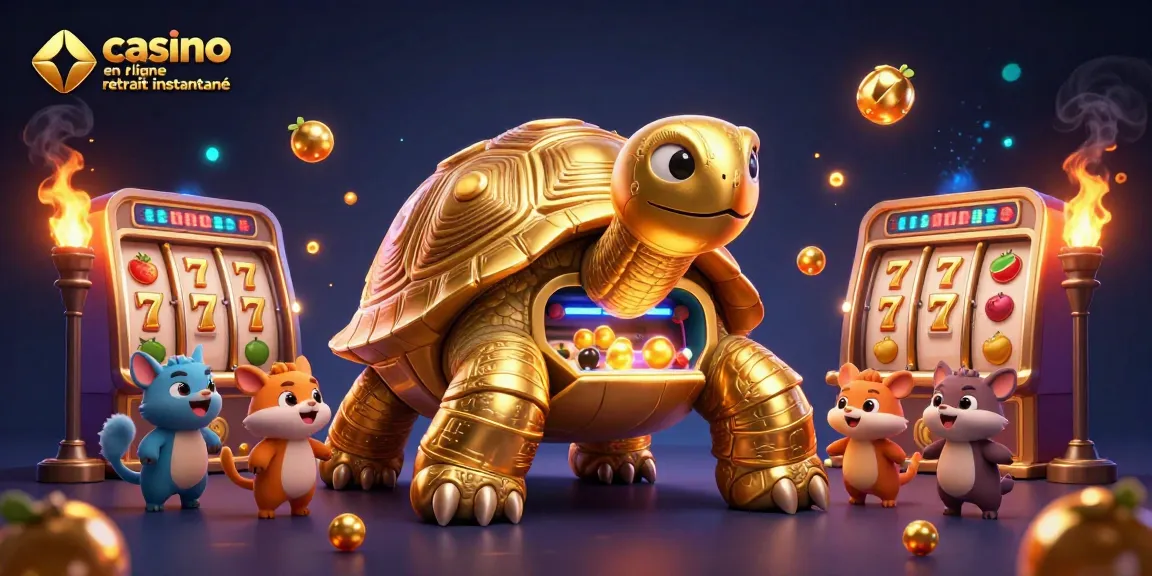 Plongez dans le monde du casino en ligne retrait instantané avec une tortue dorée géante en pinball, entourée de nombreux jeux.