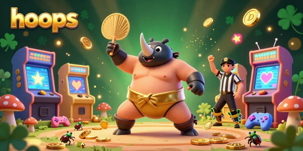 Engage with vibrant hoops in a dynamic 3D casino scene filled with gold coins and cartoon characters.