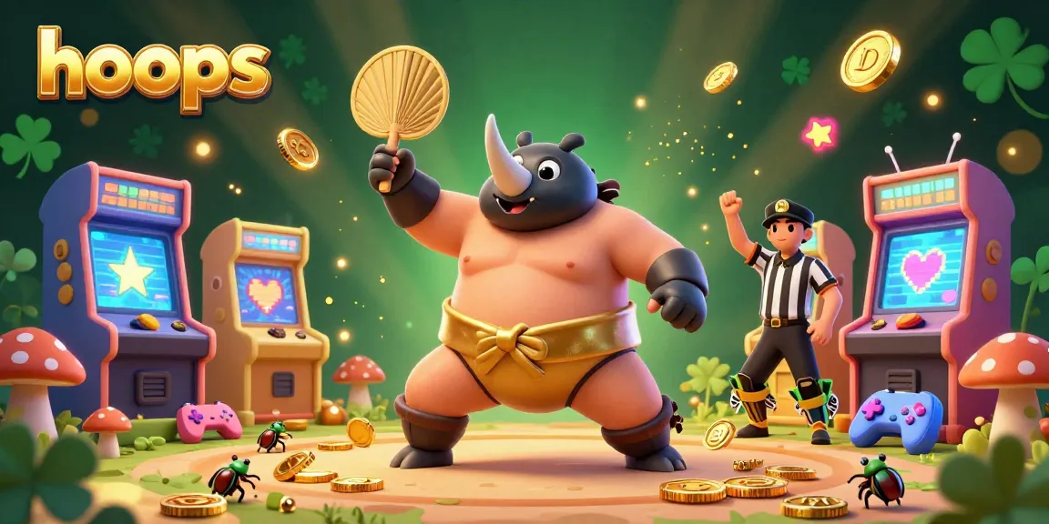 Engage with vibrant hoops in a dynamic 3D casino scene filled with gold coins and cartoon characters.