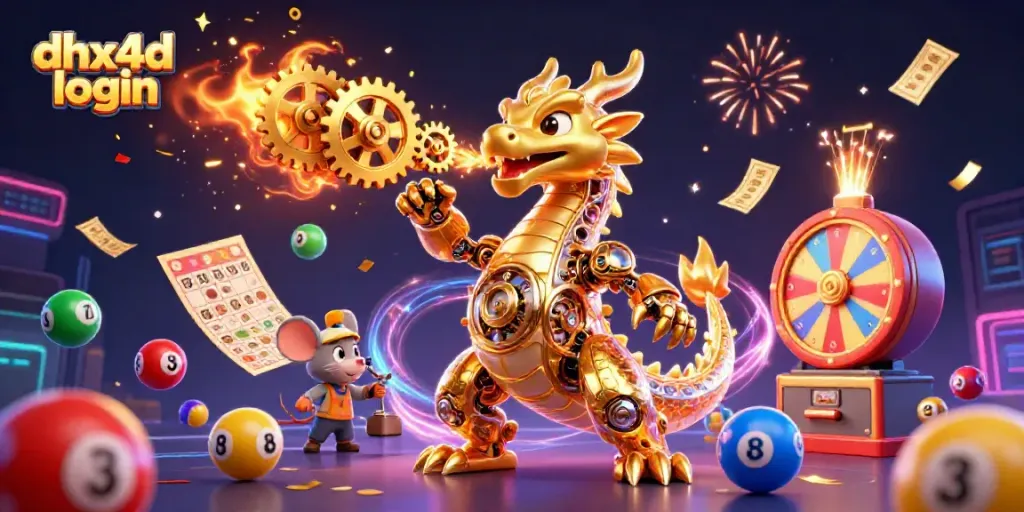 Visualisasi memukau tentang dhx4d login dengan naga emas dan elemen lotere dinamis.