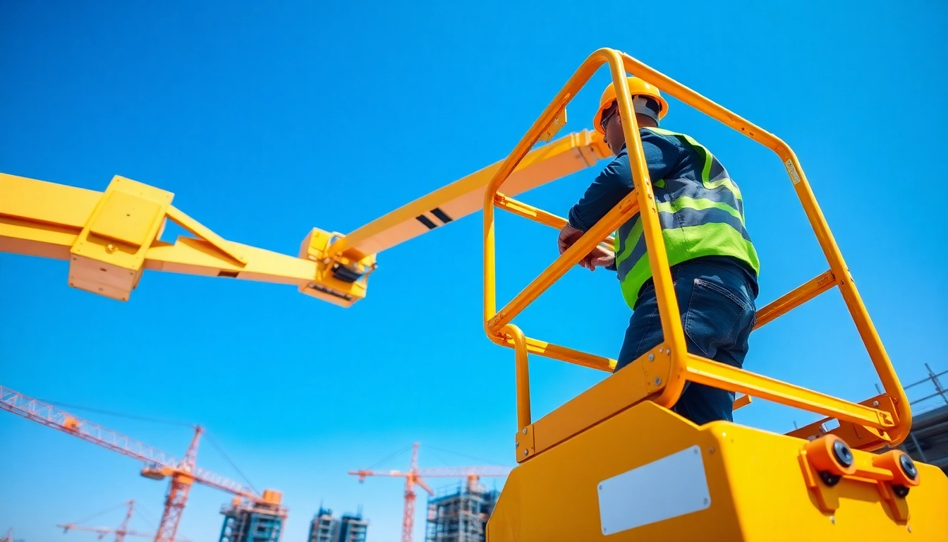 Manlift elevating a worker on a construction site with a clear sky backdrop.