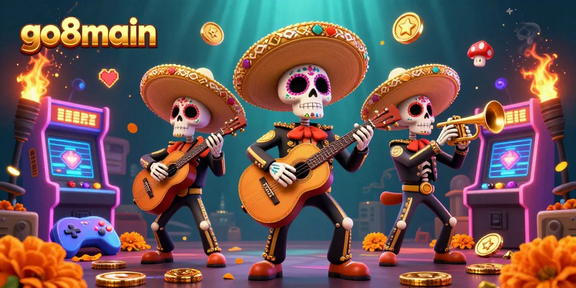Play slots and win prizes at go8main with vibrant 3D digital illustration featuring lively mariachi band.