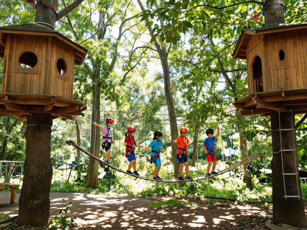 Children crossing a colourful rope bridge in a lush forest, showcasing outdoor adventure.