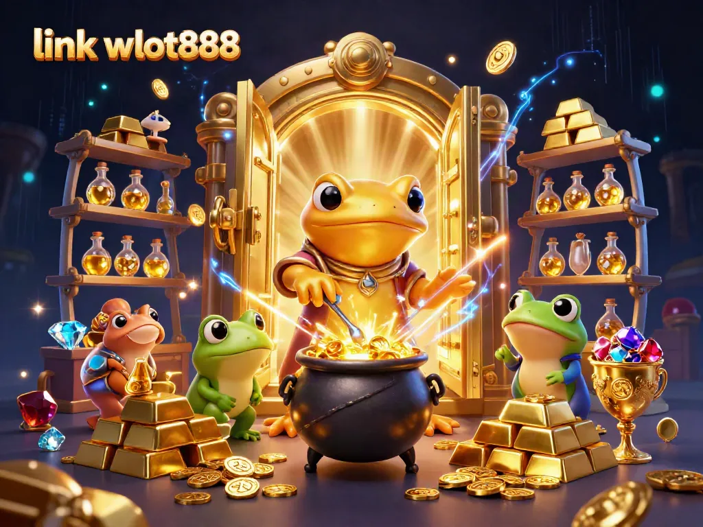 Menang besar dengan link wslot888, ilustrasi kasino unik dengan para alkemis dan harta karun.