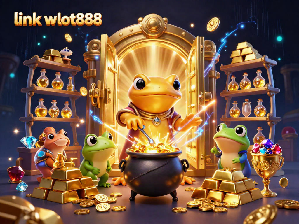 Menang besar dengan link wslot888, ilustrasi kasino unik dengan para alkemis dan harta karun.