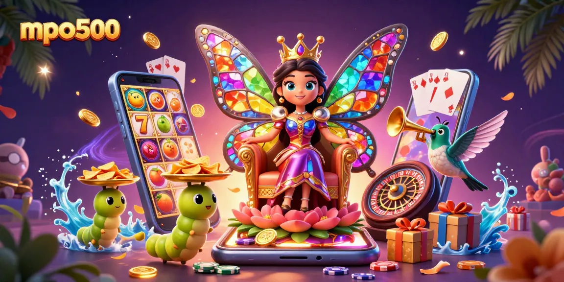 Spin the reels on mpo500 with vibrant slot games and a queen in a colorful digital casino.
