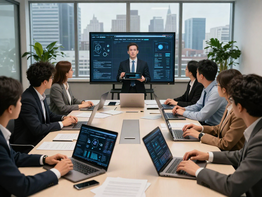 Deepfake protected meetings in a modern corporate conference room.