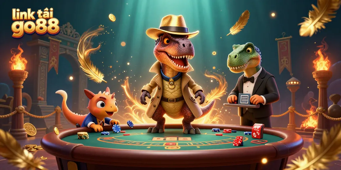 Engaging scene showcasing link tải go88 with a velociraptor card counter at a blackjack table amidst thrilling casino elements.