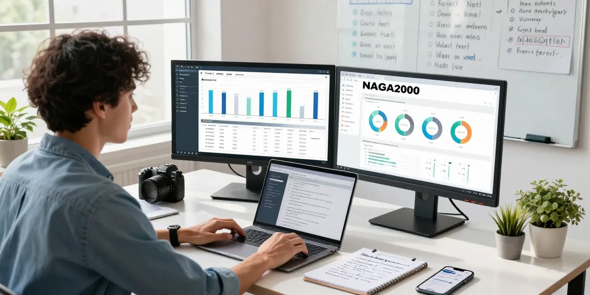 Marketer analyzing NAGA2000 data in a modern workspace with analytics on screens.