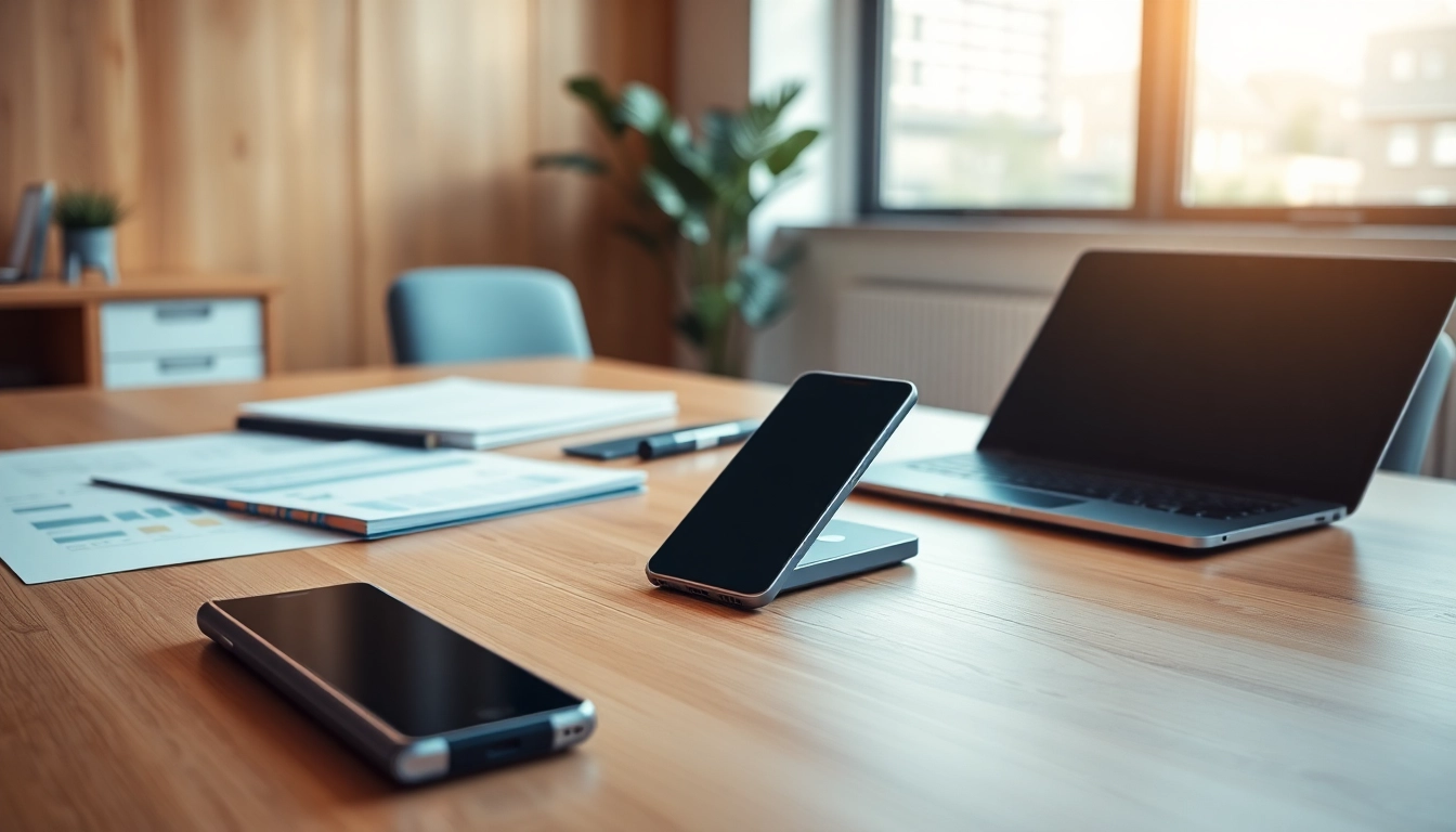 Showcasing the best mobile phone business with a sleek mobile device in a professional workspace.