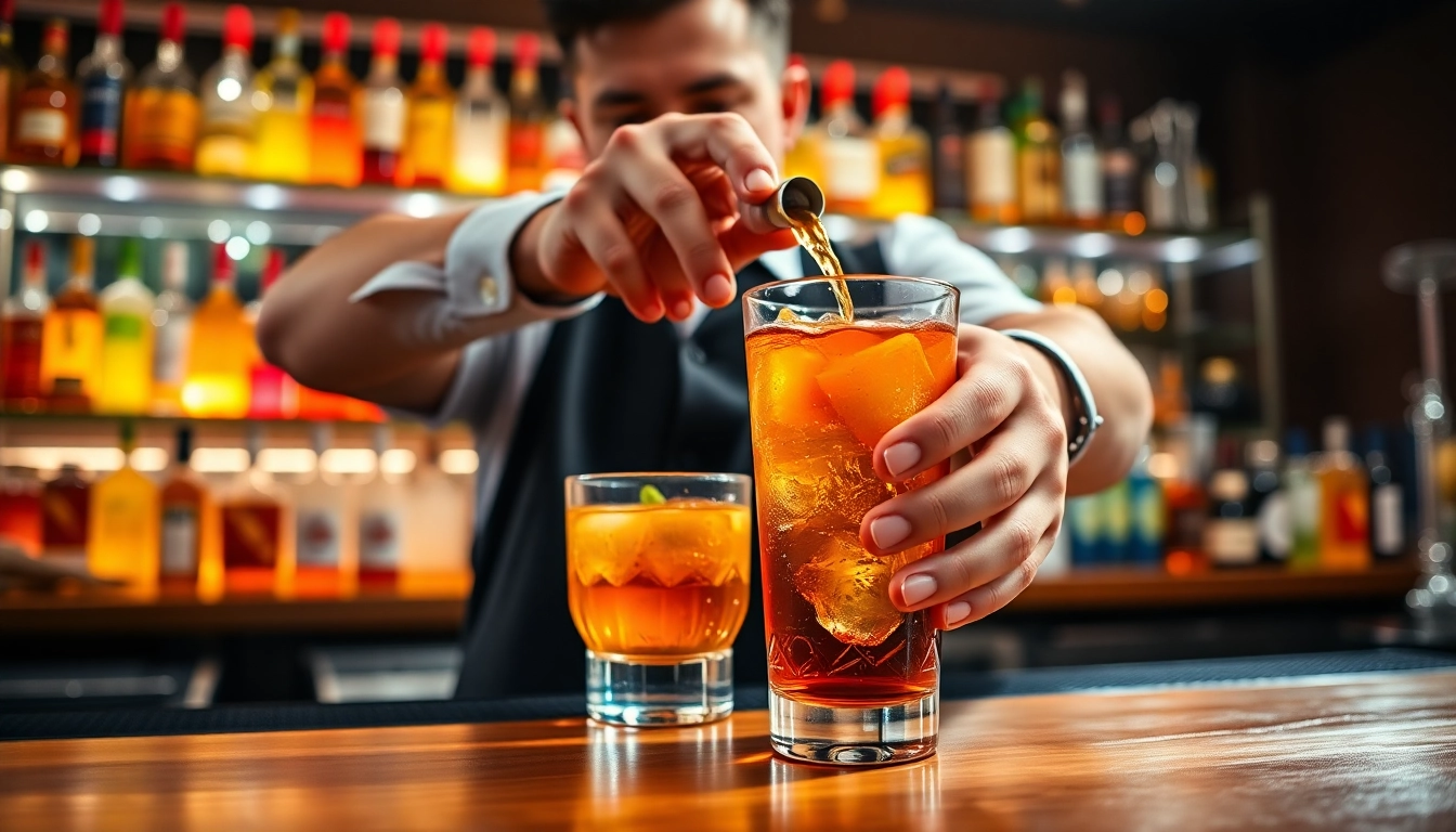 Learn what to mix bourbon whiskey with by observing a bartender skillfully preparing cocktails.
