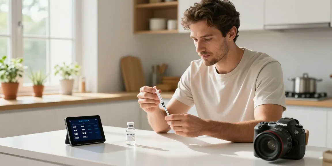 Man using HCG dosage calculator while preparing dosage in a bright kitchen.