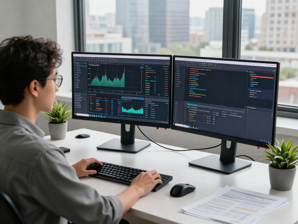 CME exchange futures data feed displayed on a developer's dual monitors in a modern trading workspace.
