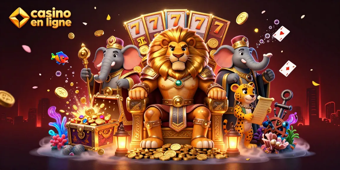 Représentation d'un lion royal dans un trésor avec des rouleaux de casino en ligne.