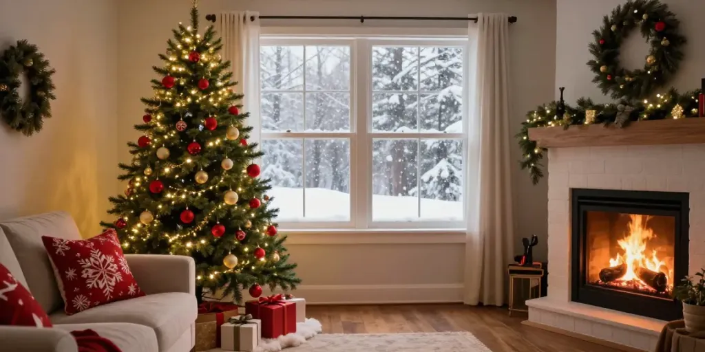 Stunning pre lit pencil slim Christmas tree in a festive living room.