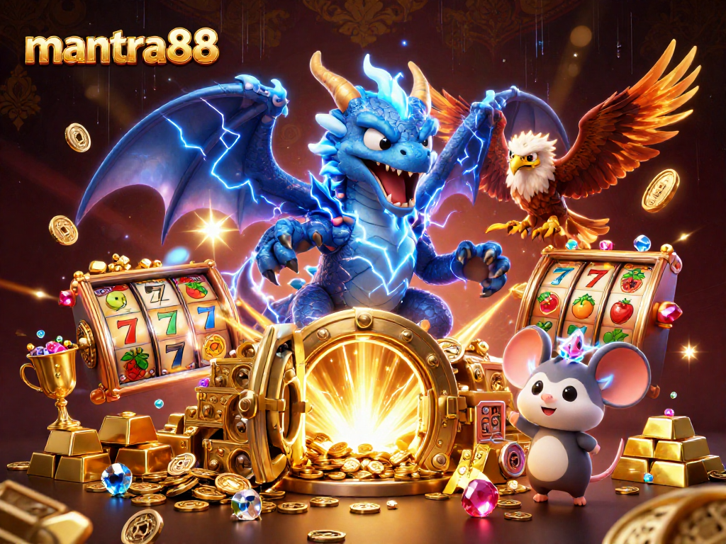 Experience exciting wins with mantra88 in this dynamic 3D casino-themed illustration.