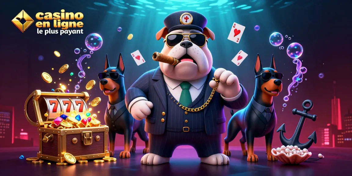 Admirez le casino en ligne le plus payant avec un bulldog mafieux entouré de Dobermans et des jeux de machines à sous.