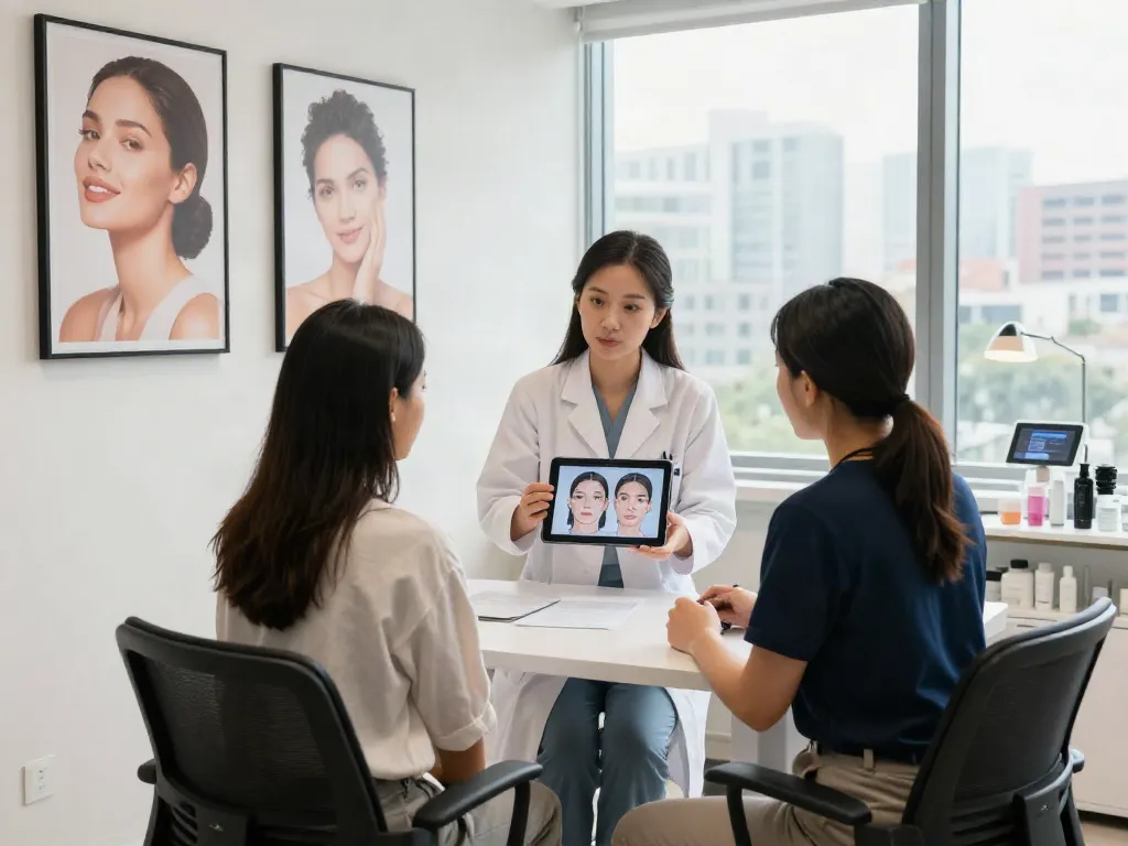 Consultation room showcasing alternatives to QOVES with aesthetics specialist.