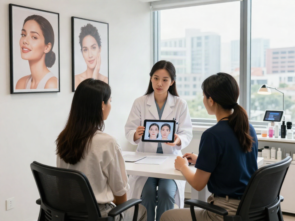 Consultation room showcasing alternatives to QOVES with aesthetics specialist.