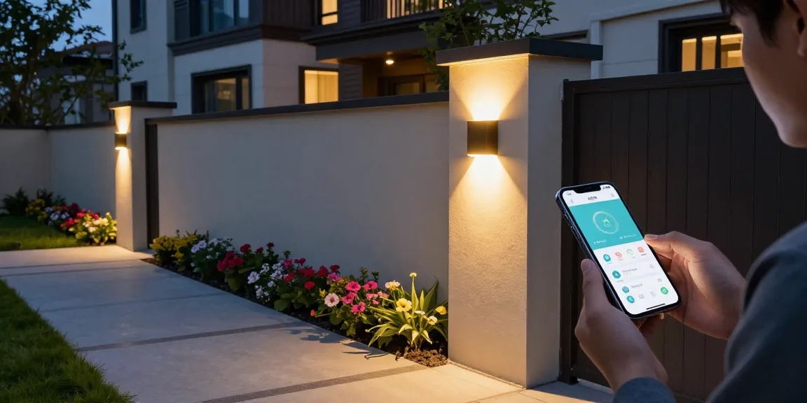 Aplica LED exterior instalată pe o fațadă modernă, iluminând grădina cu flori într-o atmosferă primitoare.