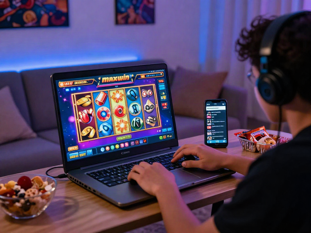 Exciting gaming scene with player engaged in situs slot gacor maxwin on laptop, colorful slot animations and cozy setting.