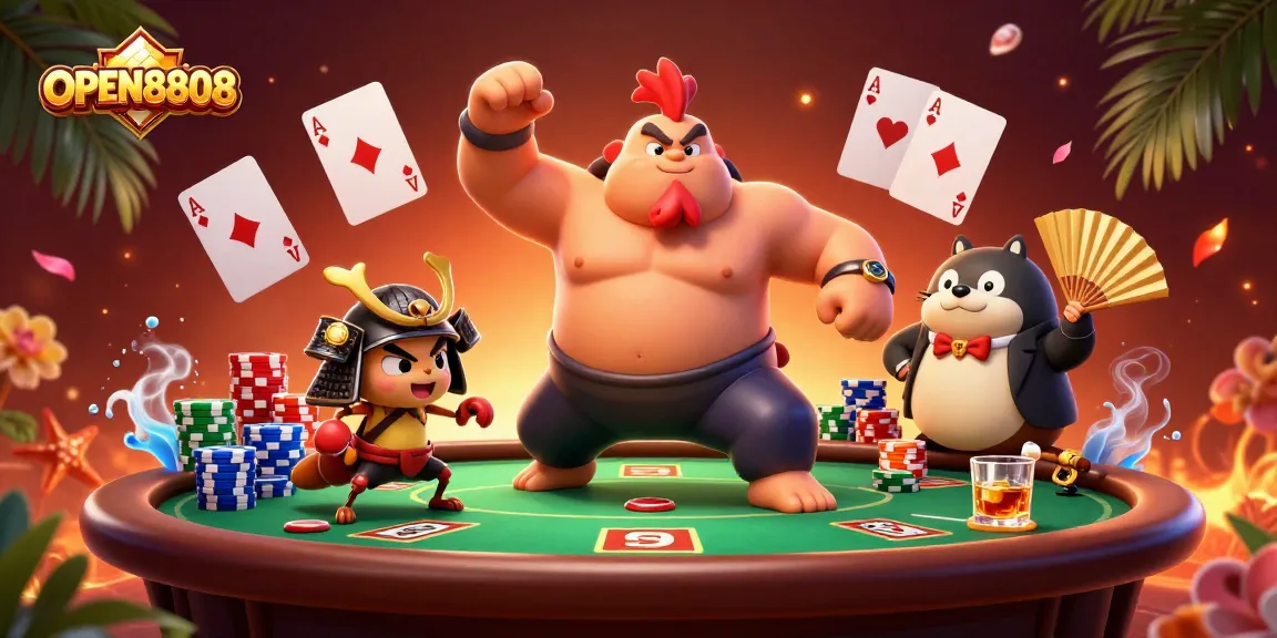 Experience the exciting world of gambling with OPEN8808 featuring a powerful sumo rooster and fierce cricket.