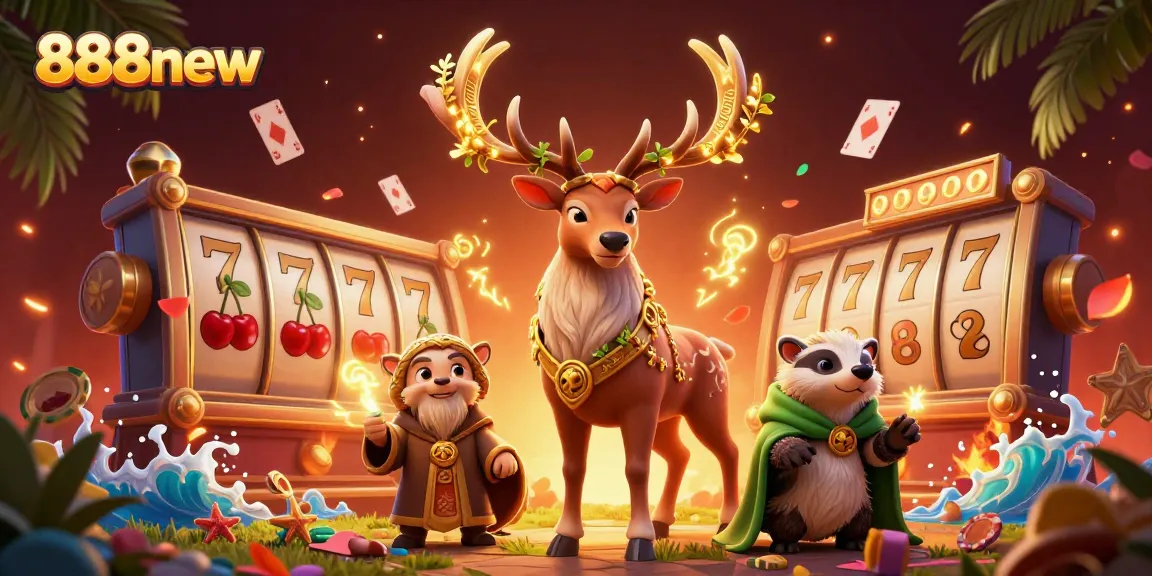 Experience thrilling moments with 888new as a druid stag and badger celebrate jackpot wins.