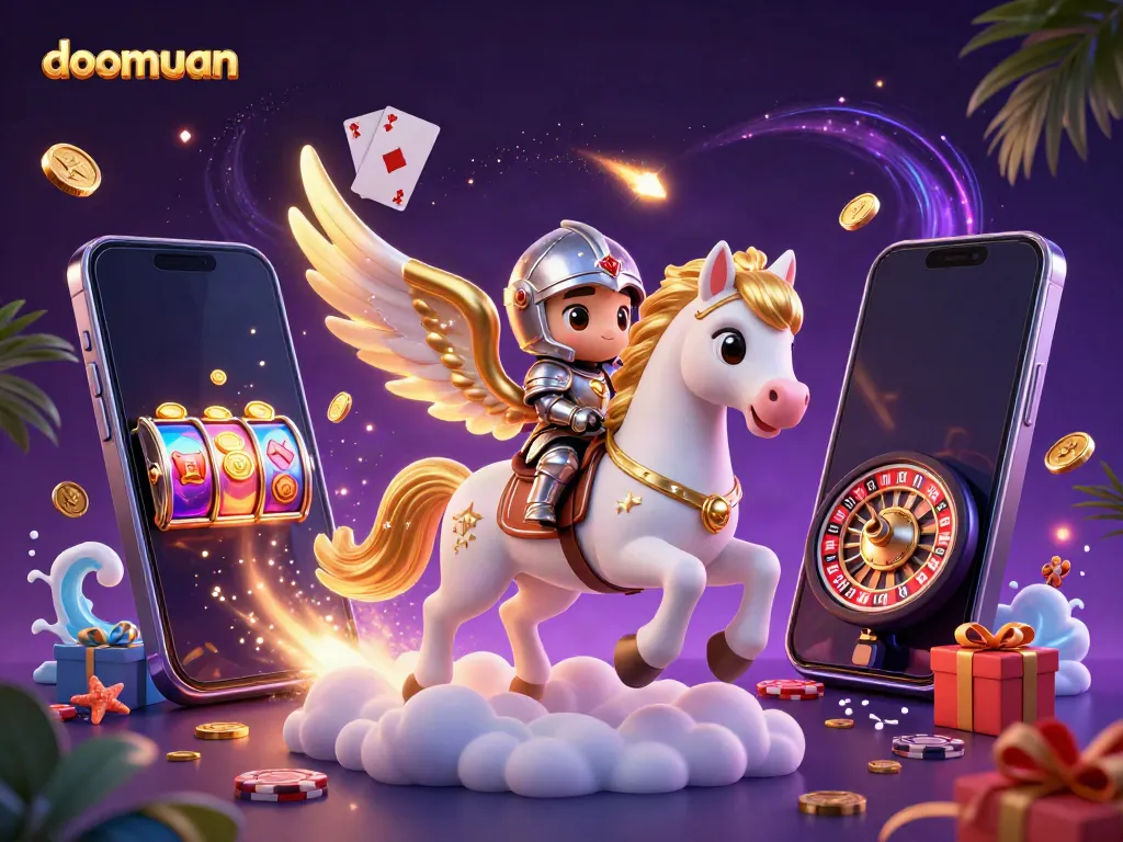 Dive into doomuan's vibrant gaming scene with an epic knight on a celestial horse and dynamic casino elements.