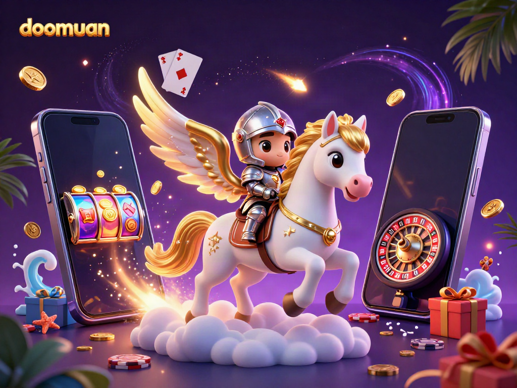 Dive into doomuan's vibrant gaming scene with an epic knight on a celestial horse and dynamic casino elements.