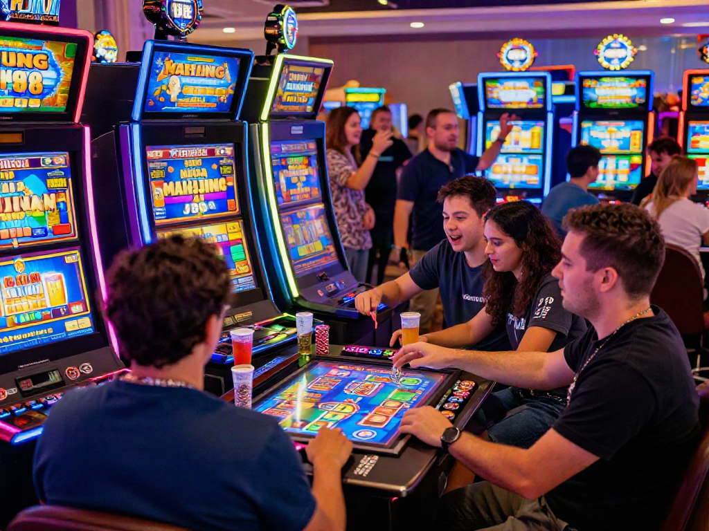 Engaged players enjoying Slot MAHJONGJP88 in a vibrant casino environment filled with neon lights and excitement.
