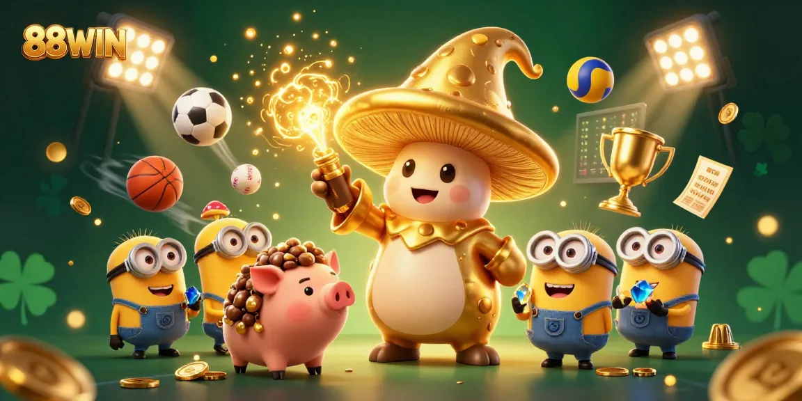 Engage with 88WIN in a vibrant 3D scene featuring golden magic and dynamic sports elements.