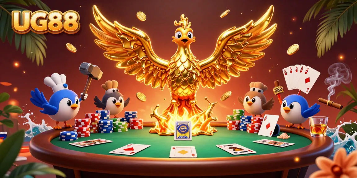 Experience thrilling poker action at UG88 with a molten phoenix and vibrant gaming elements.