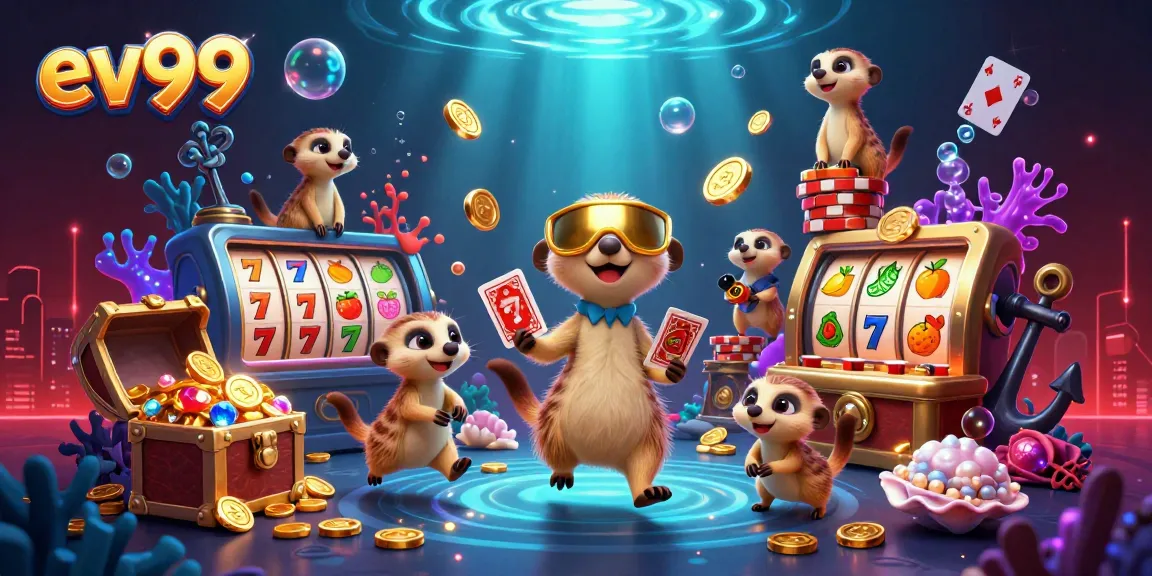 Experience thrilling action at ev99 casino with joyous meerkats celebrating big wins amidst vibrant gaming elements.