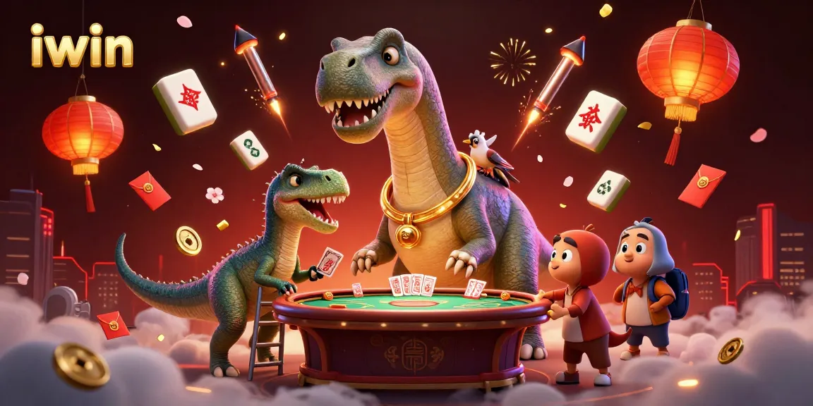 iwin brings excitement as a brontosaurus towers over a lively casino poker scene with dynamic elements.