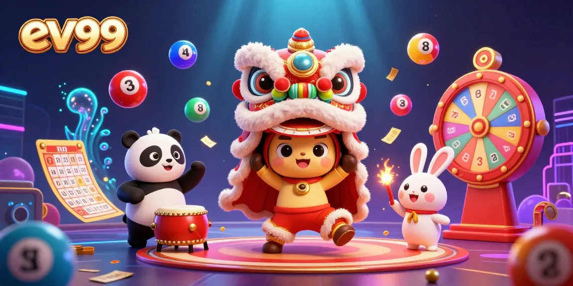 Experience the excitement of ev99 casino with a lively scene featuring a lion dance, colorful lottery elements, and vibrant decorations.