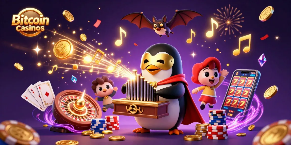 Jouez sur des Bitcoin casinos avec un pingouin fantôme à l'orgue, des pièces d'or et des feux d'artifice illuminant le tout.