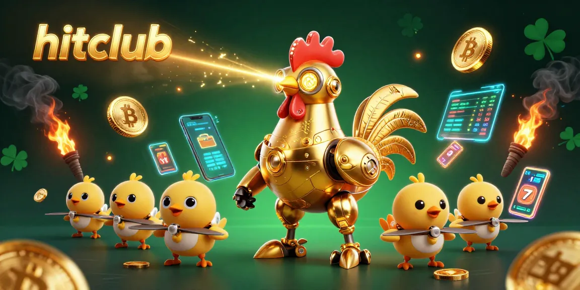Engage with hitclub's innovative gaming experience featuring a golden rooster robot and exciting crypto elements.