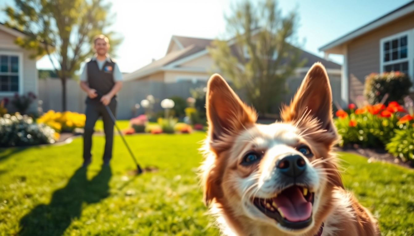 Engaging dog poop cleanup service in action with a happy pet and clean yard.