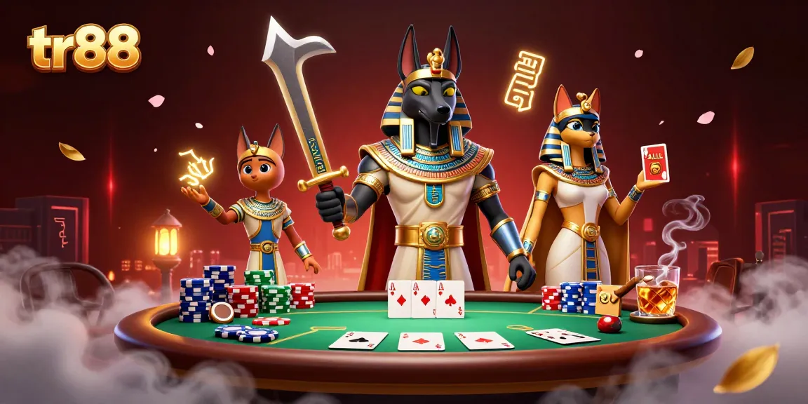 Engage with the vibrant tr88 online casino experience featuring poker elements and ancient Egyptian characters.